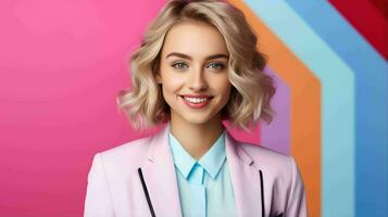 AI generated Happy and Attractive Woman Wearing Pastel Color Suit with Beautiful Vibrant Background photo