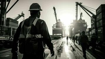 ai generado trabajador portuario a un puerto marítimo foto