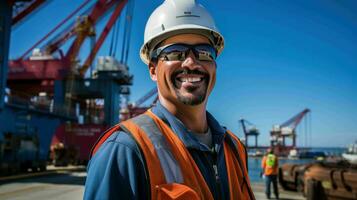 ai generado trabajador portuario a un puerto marítimo foto