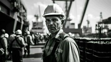 ai generado trabajador portuario a un puerto marítimo foto