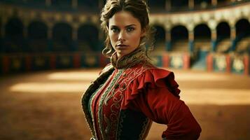 ai generado un hermosa Español mujer matador en tradicional atuendo foto