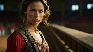 ai generado un hermosa Español mujer matador en tradicional atuendo foto