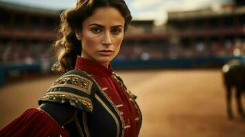 ai generado un hermosa Español mujer matador en tradicional atuendo foto