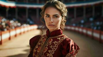 ai generado un hermosa Español mujer matador en tradicional atuendo foto