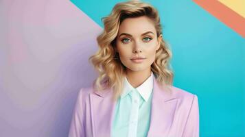 AI generated Happy and Attractive Woman Wearing Pastel Color Suit with Beautiful Vibrant Background photo