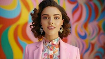 AI generated Happy and Attractive Woman Wearing Pastel Color Suit with Beautiful Vibrant Background photo