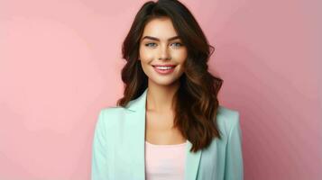 AI generated Happy and Attractive Woman Wearing Pastel Color Suit with Beautiful Vibrant Background photo