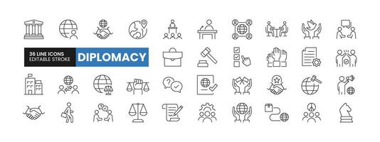 Set of 36 Diplomacy line icons set. Diplomacy outline icons with editable stroke collection. Includes Law, Peace, Trade Relations, Government, Summit and More. vector