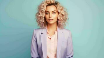 AI generated Happy and Attractive Woman Wearing Pastel Color Suit with Beautiful Vibrant Background photo