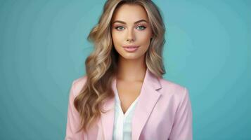 AI generated Happy and Attractive Woman Wearing Pastel Color Suit with Beautiful Vibrant Background photo