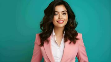 AI generated Happy and Attractive Woman Wearing Pastel Color Suit with Beautiful Vibrant Background photo