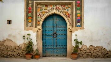 ai generado hermosa antiguo y Clásico marroquí casa puerta foto