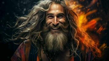 AI generated Hippie Person with long hairs happy and smilling photo