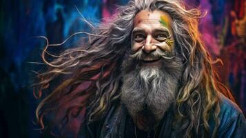 AI generated Hippie Person with long hairs happy and smilling photo