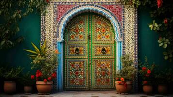 ai generado hermosa antiguo y Clásico marroquí casa puerta foto