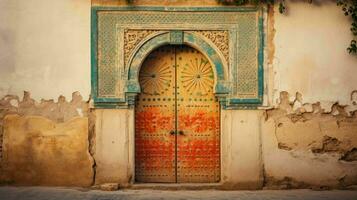 ai generado hermosa antiguo y Clásico marroquí casa puerta foto