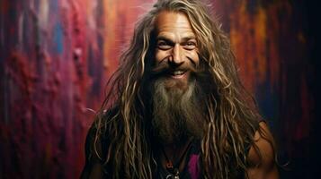 AI generated Hippie Person with long hairs happy and smilling photo