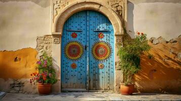 ai generado hermosa antiguo y Clásico marroquí casa puerta foto