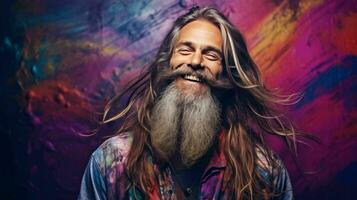 AI generated Hippie Person with long hairs happy and smilling photo
