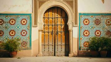 ai generado hermosa antiguo y Clásico marroquí casa puerta foto