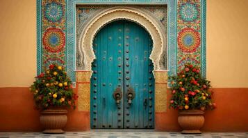 ai generado hermosa antiguo y Clásico marroquí casa puerta foto