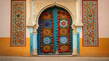 ai generado hermosa antiguo y Clásico marroquí casa puerta foto