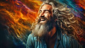 AI generated Hippie Person with long hairs happy and smilling photo