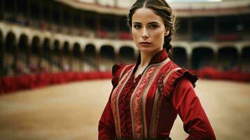 ai generado un hermosa Español mujer matador en tradicional atuendo foto