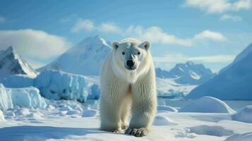 hermosa polar oso con montañas en antecedentes ai generativo foto