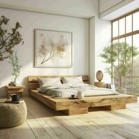 ai generado acogedor japonés wabi-sabi estilizado mínimo dormitorio con sencillo mueble foto