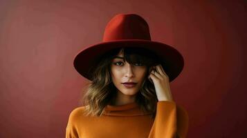 retrato de un hermosa mujer en un sintió sombrero ai generativo foto