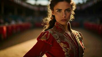 ai generado un hermosa Español mujer matador en tradicional atuendo foto