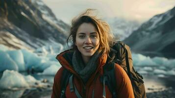 caminante mujer con su mochila, viajar, hermosa montañas ai generativo foto