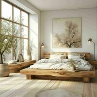 AI generated Cozy Japanese Wabi-Sabi Styled Minimal Bedroom with Simple Furniture photo