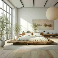 ai generado acogedor japonés wabi-sabi estilizado mínimo dormitorio con sencillo mueble foto