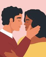 un Pareja en amor en perfil abrazando juntos. un hombre y un mujer en un romántico relación. resumen vector gráficos.