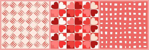 A set of seamless patterns with abstract hearts on the background of a geometric grid of squares. Vector graphics.