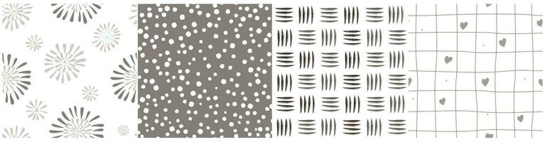 A set of seamless patterns with abstract shapes, dots, lines, a grid with hearts. Monochrome simple background. Vector graphics.