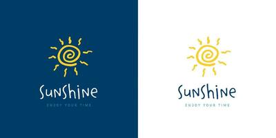 hand drawn style logo vector of doodle sun with yellow abstract spiral shape sunshine icon on blue background