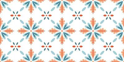 Scandinavian Style Tile in blue and orange colors. Ethnic Vector Seamless Floral Pattern. Abstract Square Geometric Swatch for Wrapping Paper, Indoor Decor, or Fabric