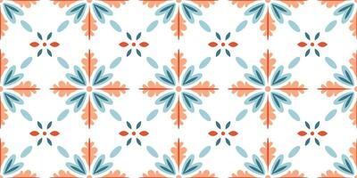 Scandinavian Style Tile in blue and orange colors. Ethnic Vector Seamless Floral Pattern. Abstract Square Geometric Swatch for Wrapping Paper, Indoor Decor, or Fabric