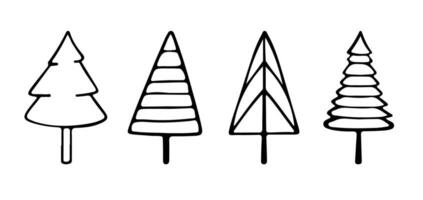 Christmas Trees Doodle Set. Vector Hand drawn Editable Illustration. Black contour of Spruces isolated on white background
