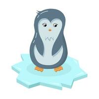 Cute Penguin on Ice Floe. Flat Cartoon Style Character for kids design. Vector Illustration.