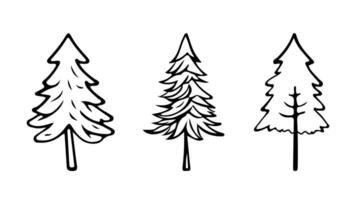 Hand Drawn Christmas Trees Doodle Set. Vector Editable Illustration. Black contour of Spruces on white background