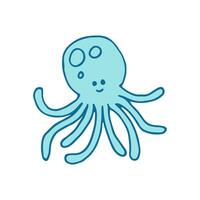 Cute blue octopus. Isolated doodle colorful outline illustration. Hand drawn design. Marine cartoon character vector