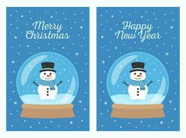 Snow Globe with Snowman and Snowflakes. Set of Christmas and New Year Greeting Cards. Vector Illustration