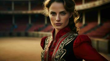 ai generado un hermosa Español mujer matador en tradicional atuendo foto