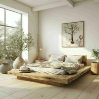 ai generado acogedor japonés wabi-sabi estilizado mínimo dormitorio con sencillo mueble foto