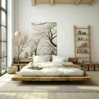 ai generado acogedor japonés wabi-sabi estilizado mínimo dormitorio con sencillo mueble foto