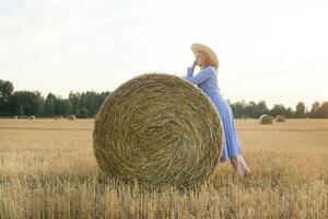 A red-haired woman in a hat and a blue dress walks in a field with haystacks. photo